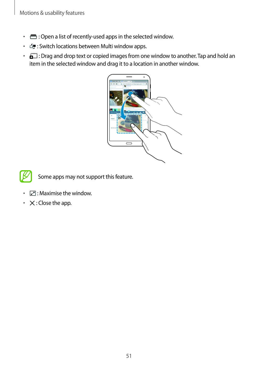 Samsung SM-T705NTSAATO, SM-T705NZWATPH, SM-T705NZWASEB, SM-T705NZWAATO, SM-T705NTSATPH manual Motions & usability features 