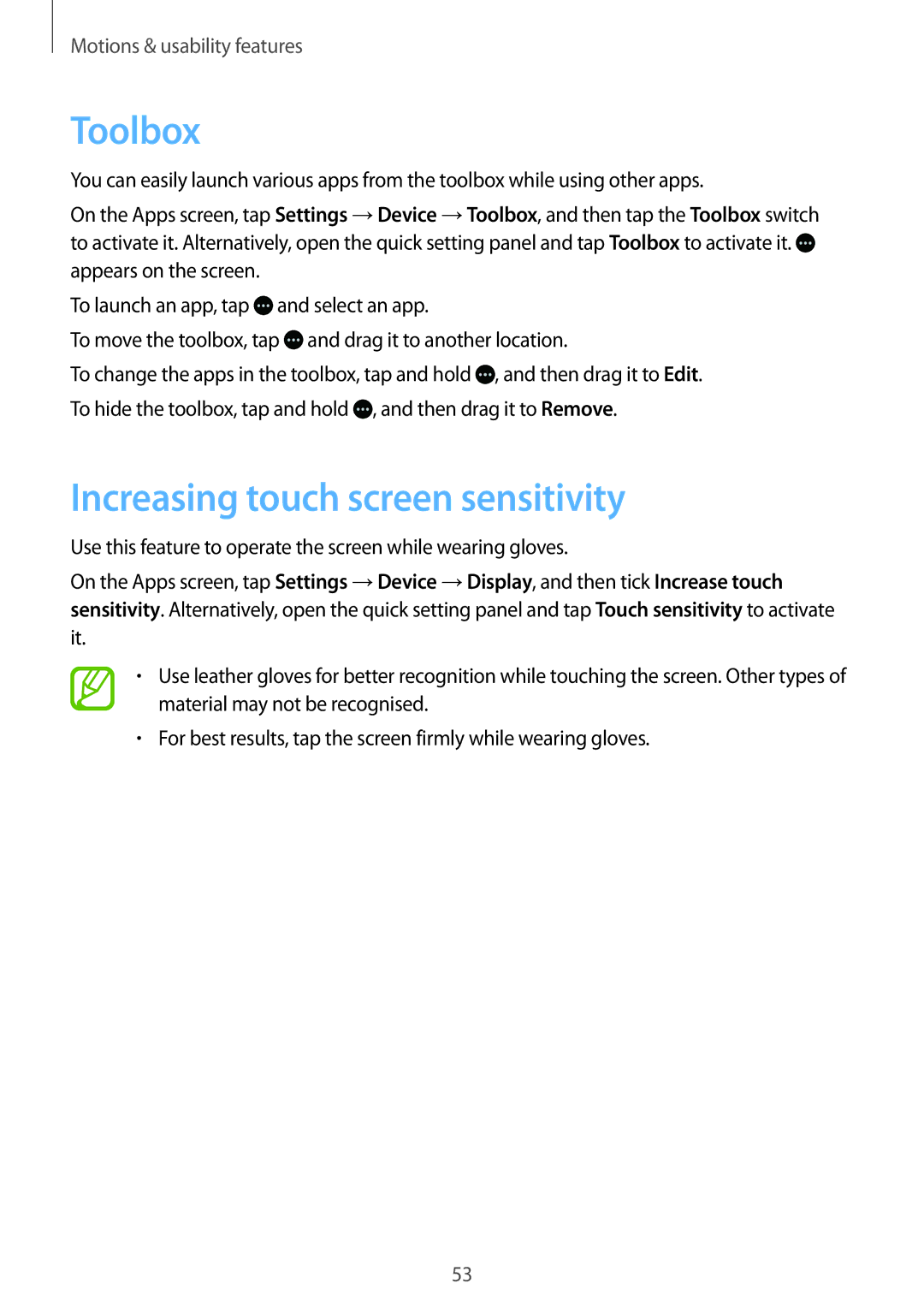 Samsung SM-T705NZWAXEF, SM-T705NZWATPH, SM-T705NZWASEB, SM-T705NZWAATO manual Toolbox, Increasing touch screen sensitivity 