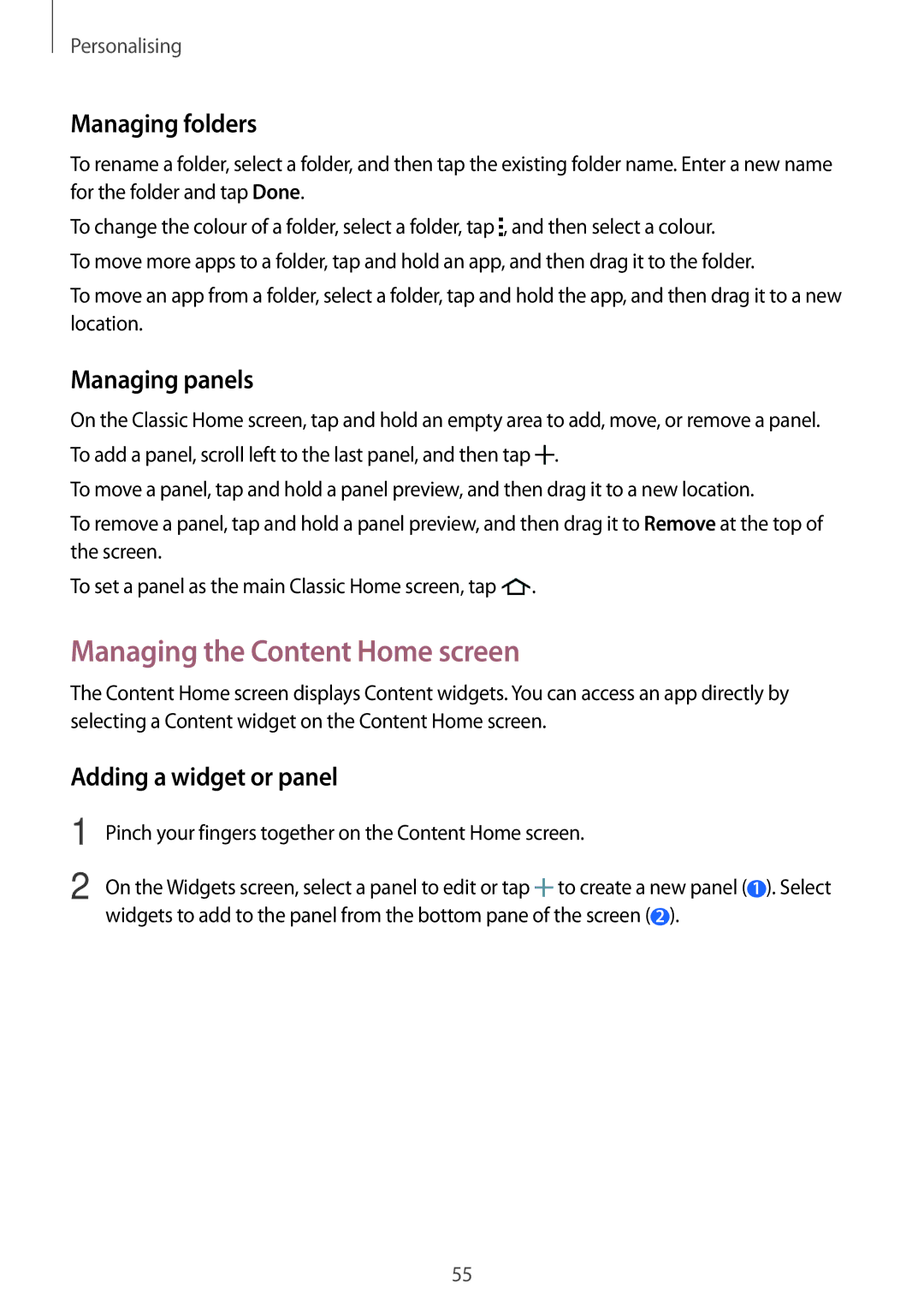 Samsung SM-T705NZWAAUT manual Managing the Content Home screen, Managing folders, Managing panels, Adding a widget or panel 