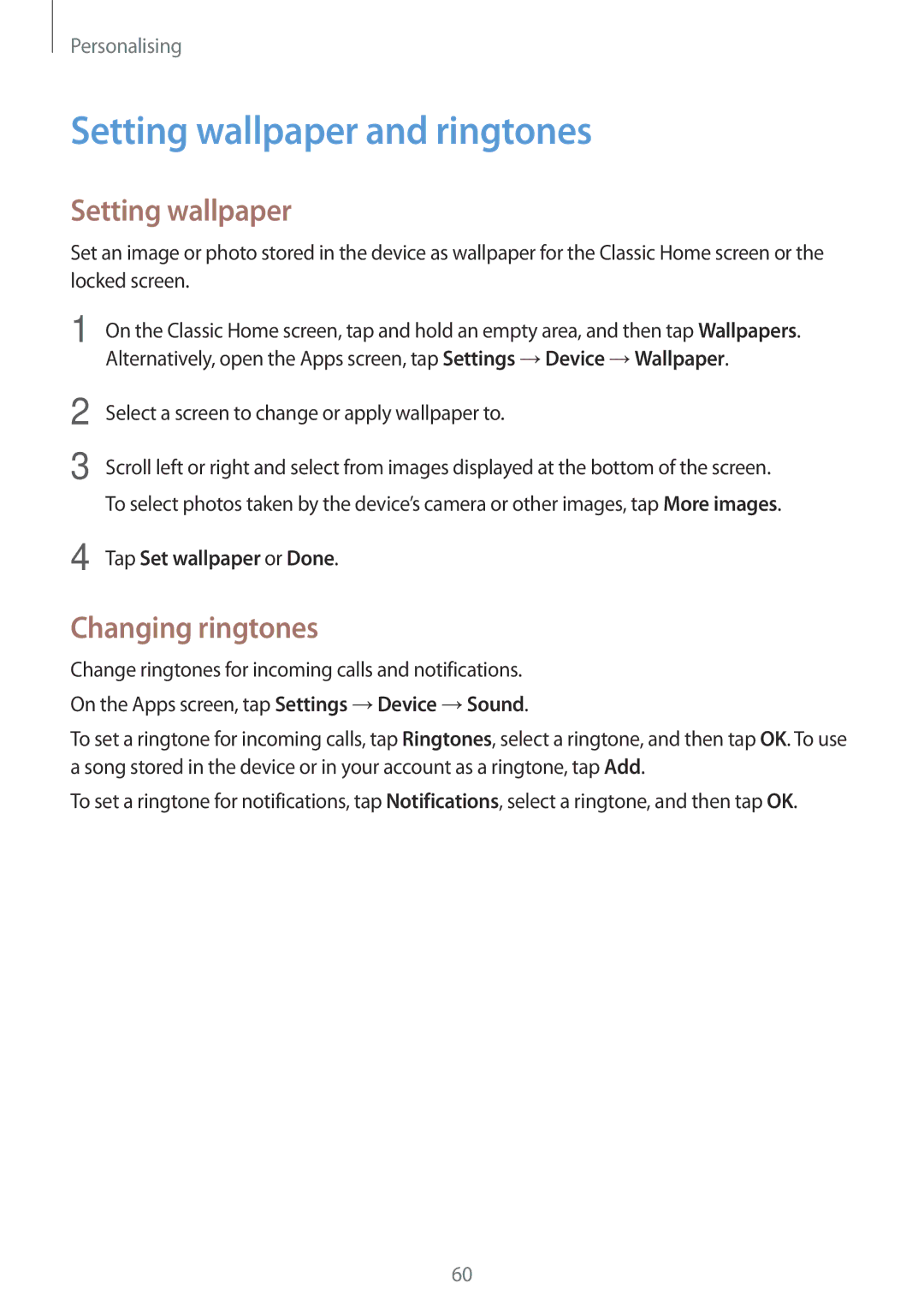 Samsung SM-T705NTSABGL, SM-T705NZWATPH manual Setting wallpaper and ringtones, Changing ringtones, Tap Set wallpaper or Done 