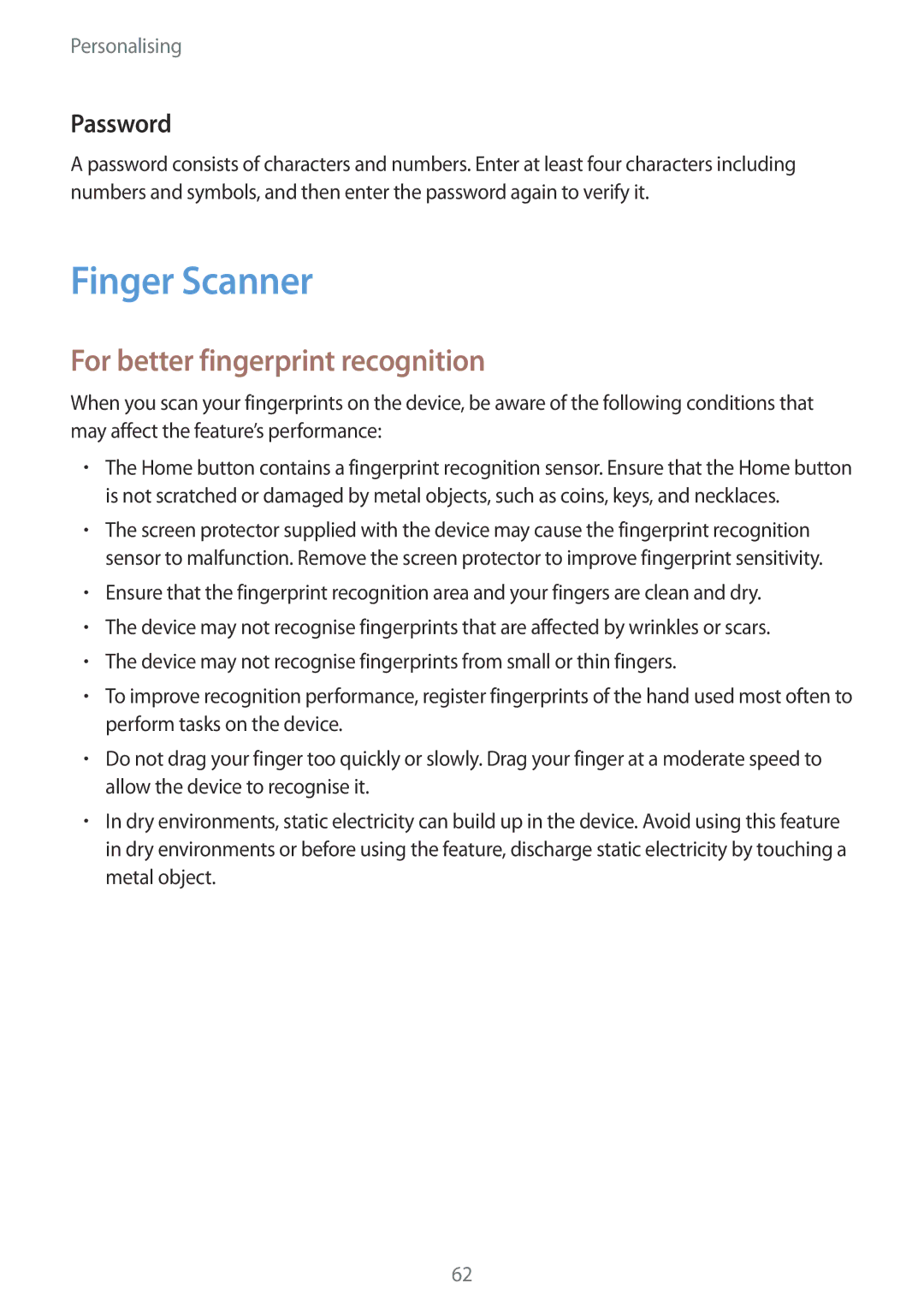 Samsung SM-T705NTSASEE, SM-T705NZWATPH, SM-T705NZWASEB manual Finger Scanner, For better fingerprint recognition, Password 