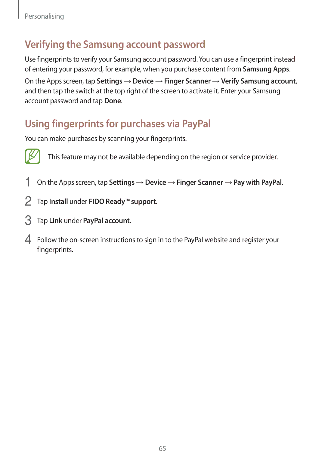 Samsung SM-T705NTSAXEZ, SM-T705NZWATPH Verifying the Samsung account password, Using fingerprints for purchases via PayPal 