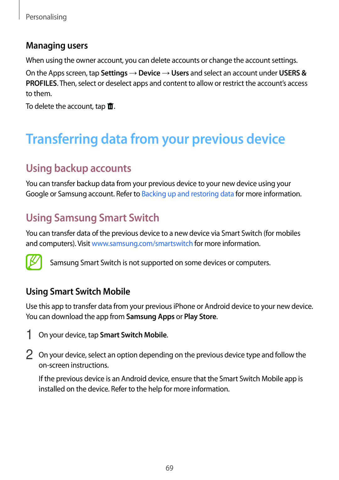 Samsung SM-T705NTSATMH Transferring data from your previous device, Using backup accounts, Using Samsung Smart Switch 