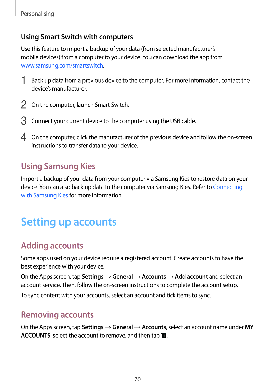 Samsung SM-T705NZWAXEH, SM-T705NZWATPH manual Setting up accounts, Using Samsung Kies, Adding accounts, Removing accounts 