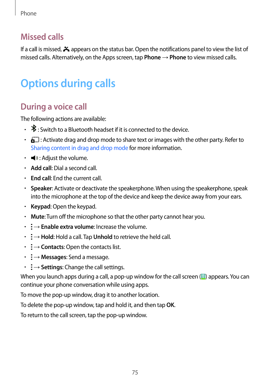 Samsung SM-T705NHAASER, SM-T705NZWATPH, SM-T705NZWASEB manual Options during calls, Missed calls, During a voice call 