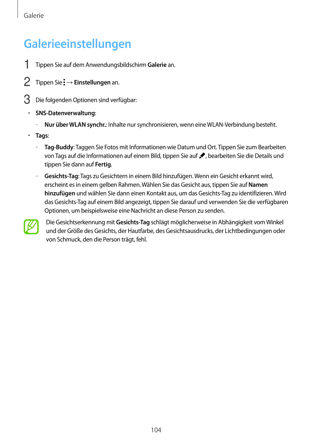 Samsung SM-T705NZWATPH, SM-T705NZWASEB, SM-T705NZWAATO, SM-T705NTSATPH manual Galerieeinstellungen, SNS-Datenverwaltung 