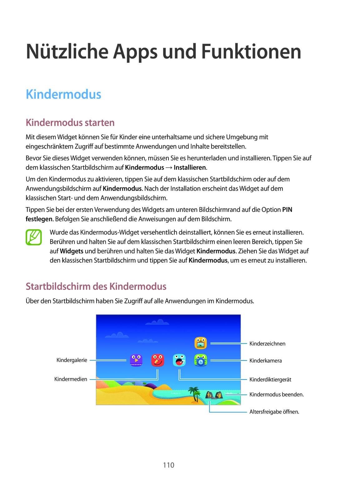 Samsung SM-T705NZWADBT, SM-T705NZWATPH, SM-T705NZWASEB manual Kindermodus starten, Startbildschirm des Kindermodus 