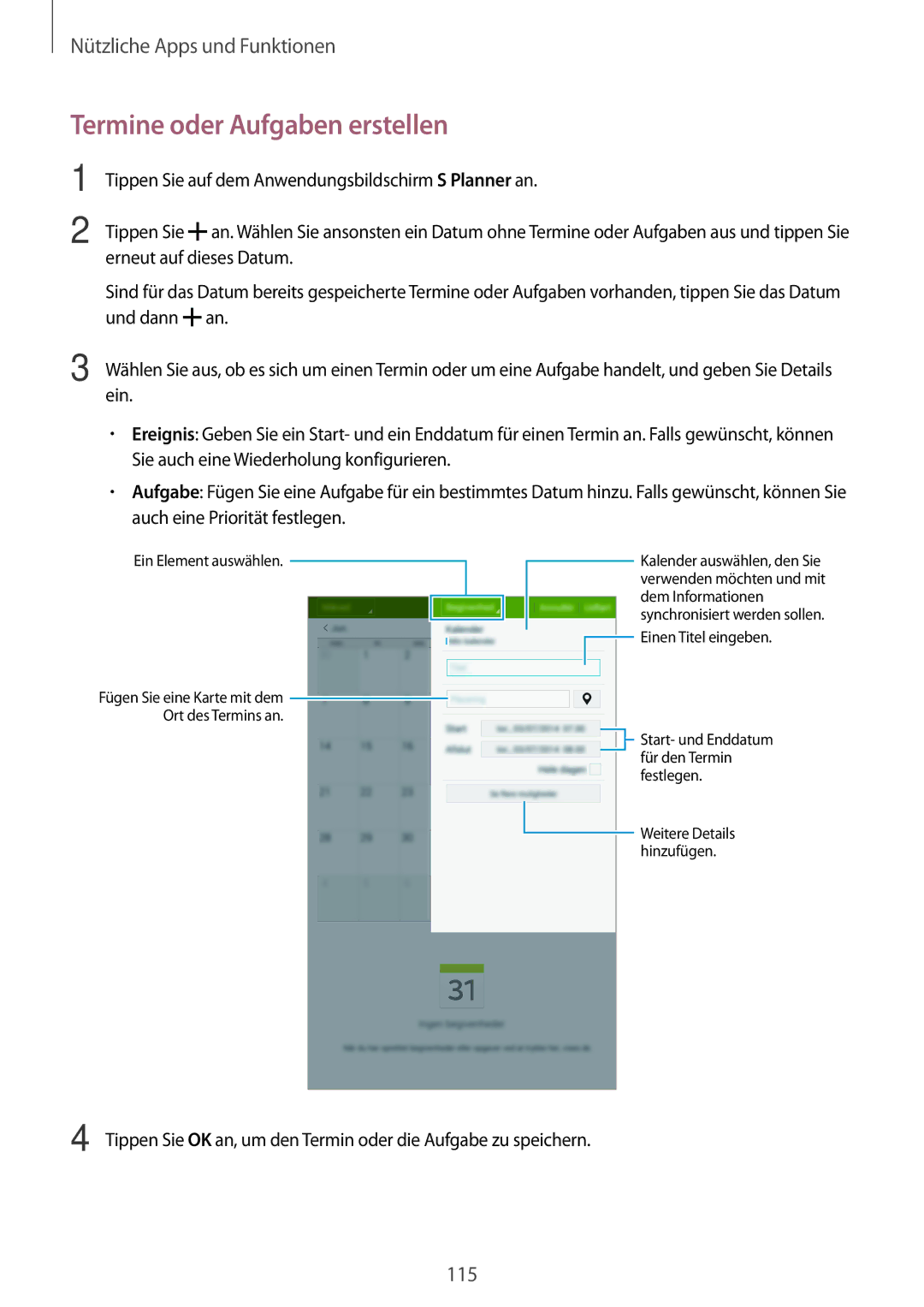 Samsung SM-T705NTSAATO, SM-T705NZWATPH, SM-T705NZWASEB manual Termine oder Aufgaben erstellen, Ein Element auswählen 