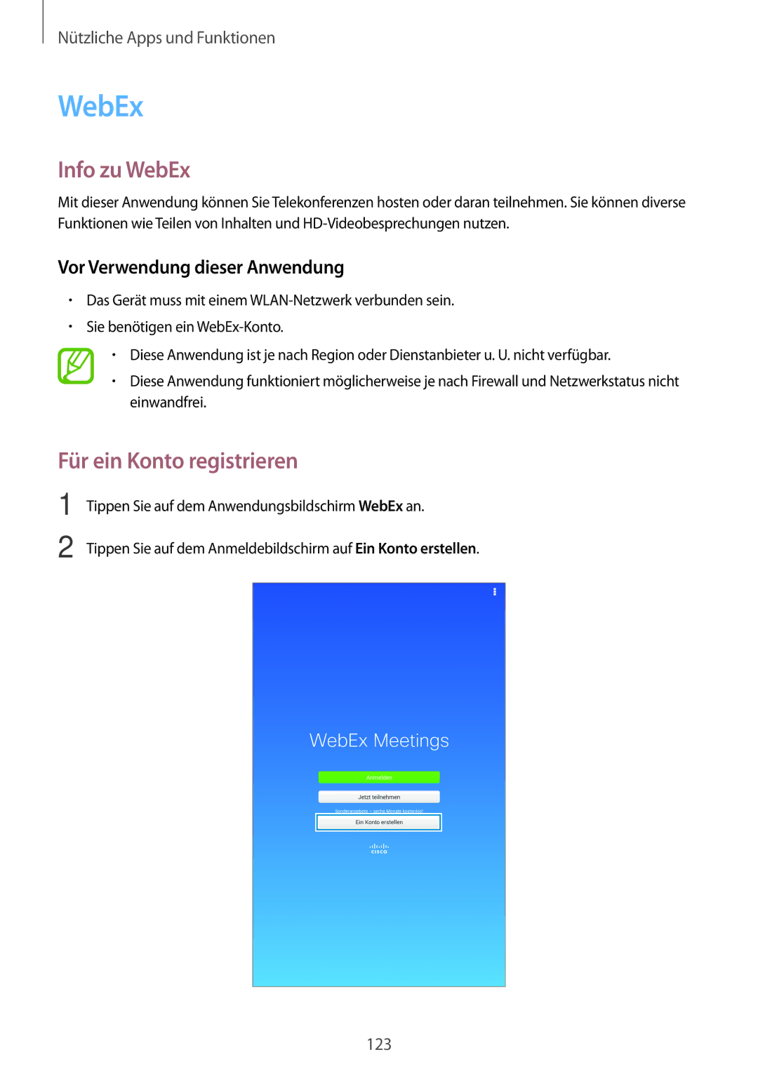 Samsung SM-T705NZWADBT, SM-T705NZWATPH manual Info zu WebEx, Für ein Konto registrieren, Vor Verwendung dieser Anwendung 