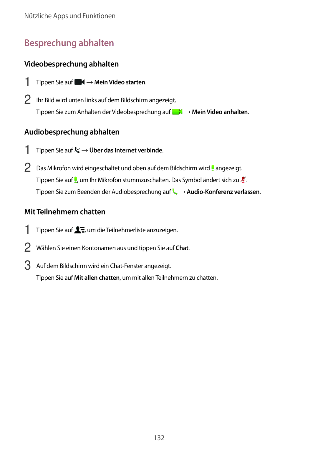 Samsung SM-T705NZWAATO Besprechung abhalten, Videobesprechung abhalten, Audiobesprechung abhalten, Mit Teilnehmern chatten 