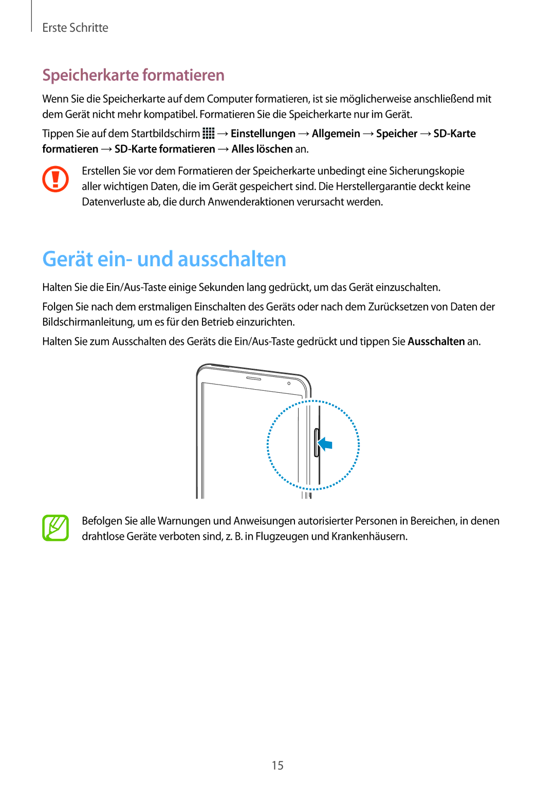 Samsung SM-T705NZWAATO, SM-T705NZWATPH, SM-T705NZWASEB, SM-T705NTSATPH Gerät ein- und ausschalten, Speicherkarte formatieren 