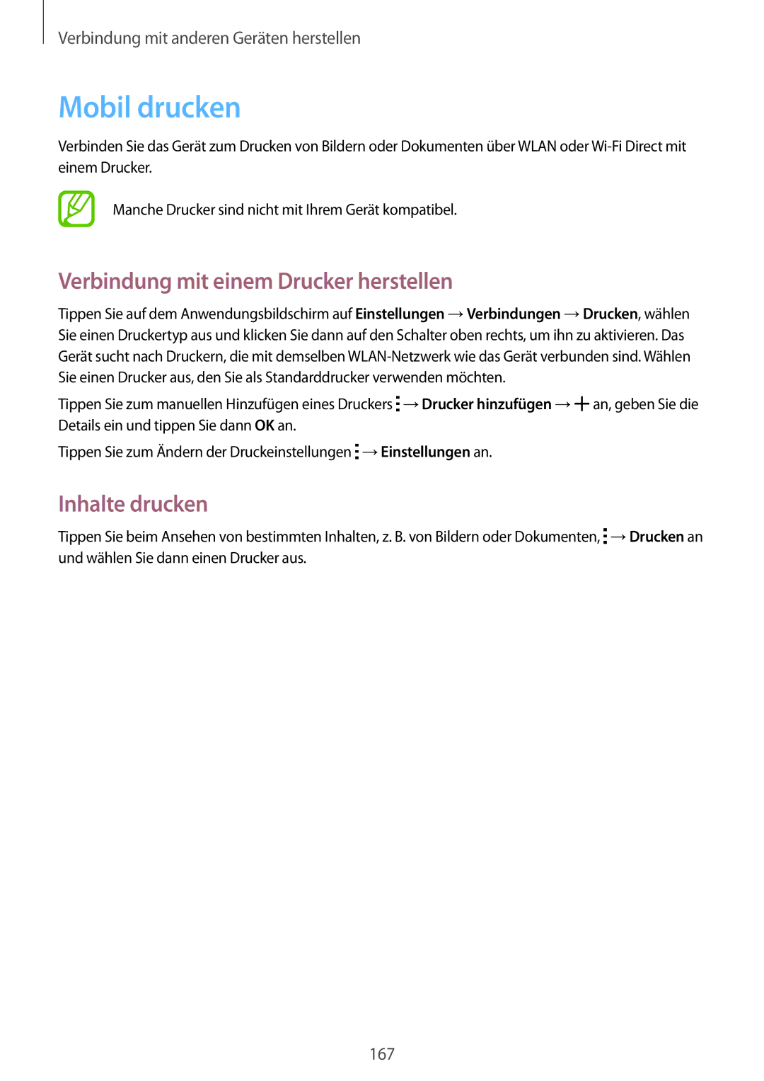 Samsung SM-T705NTSAATO, SM-T705NZWATPH manual Mobil drucken, Verbindung mit einem Drucker herstellen, Inhalte drucken 