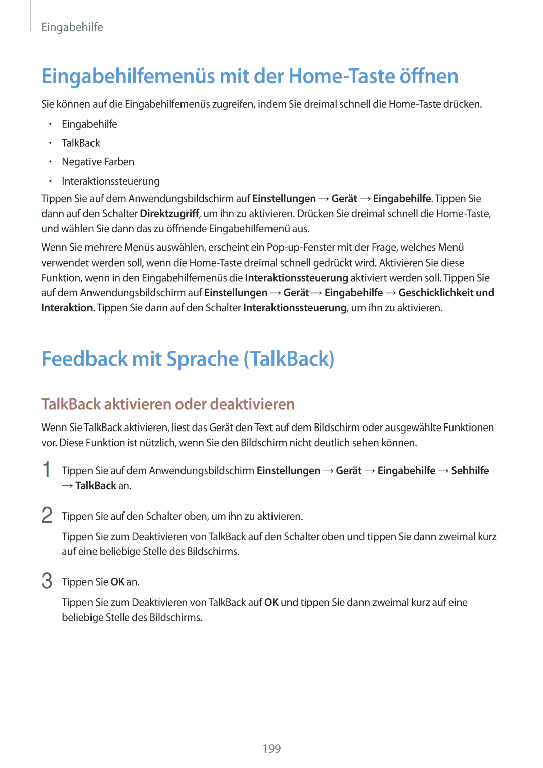 Samsung SM-T705NHAADBT manual Eingabehilfemenüs mit der Home-Taste öffnen, Feedback mit Sprache TalkBack, → TalkBack an 