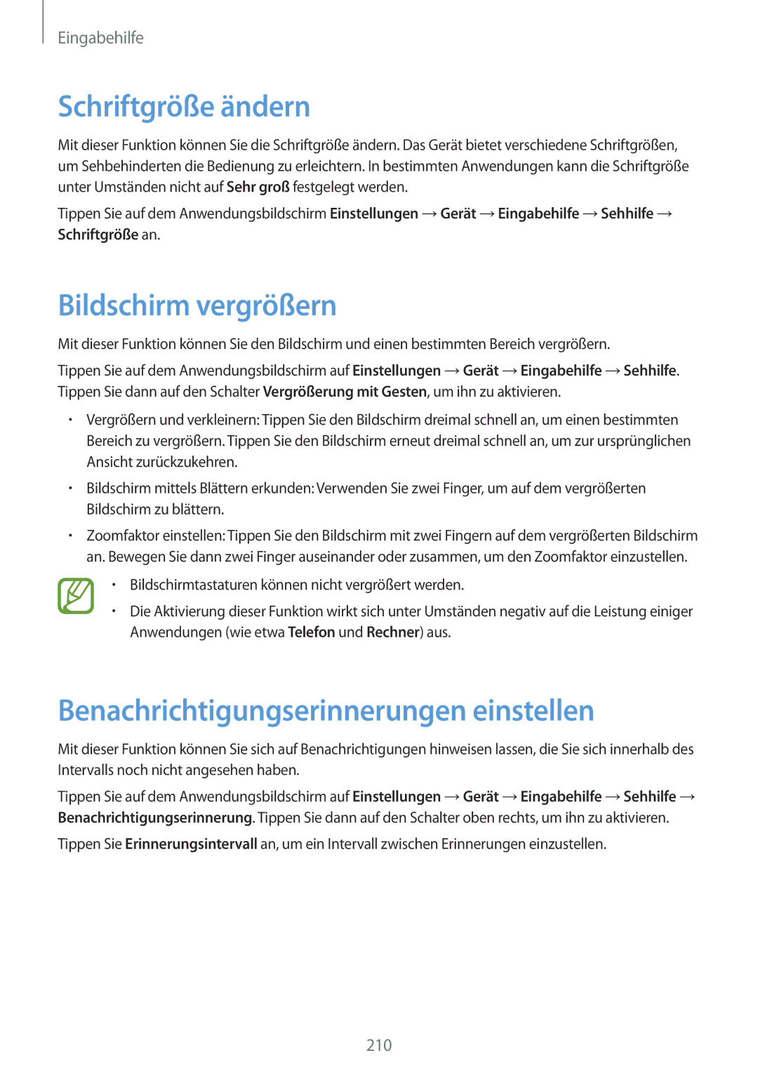 Samsung SM-T705NZWAATO manual Schriftgröße ändern, Bildschirm vergrößern, Benachrichtigungserinnerungen einstellen 