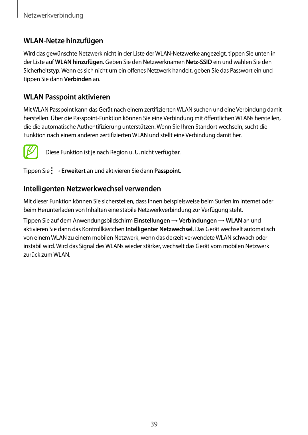 Samsung SM-T705NZWATPH manual WLAN-Netze hinzufügen, Wlan Passpoint aktivieren, Intelligenten Netzwerkwechsel verwenden 