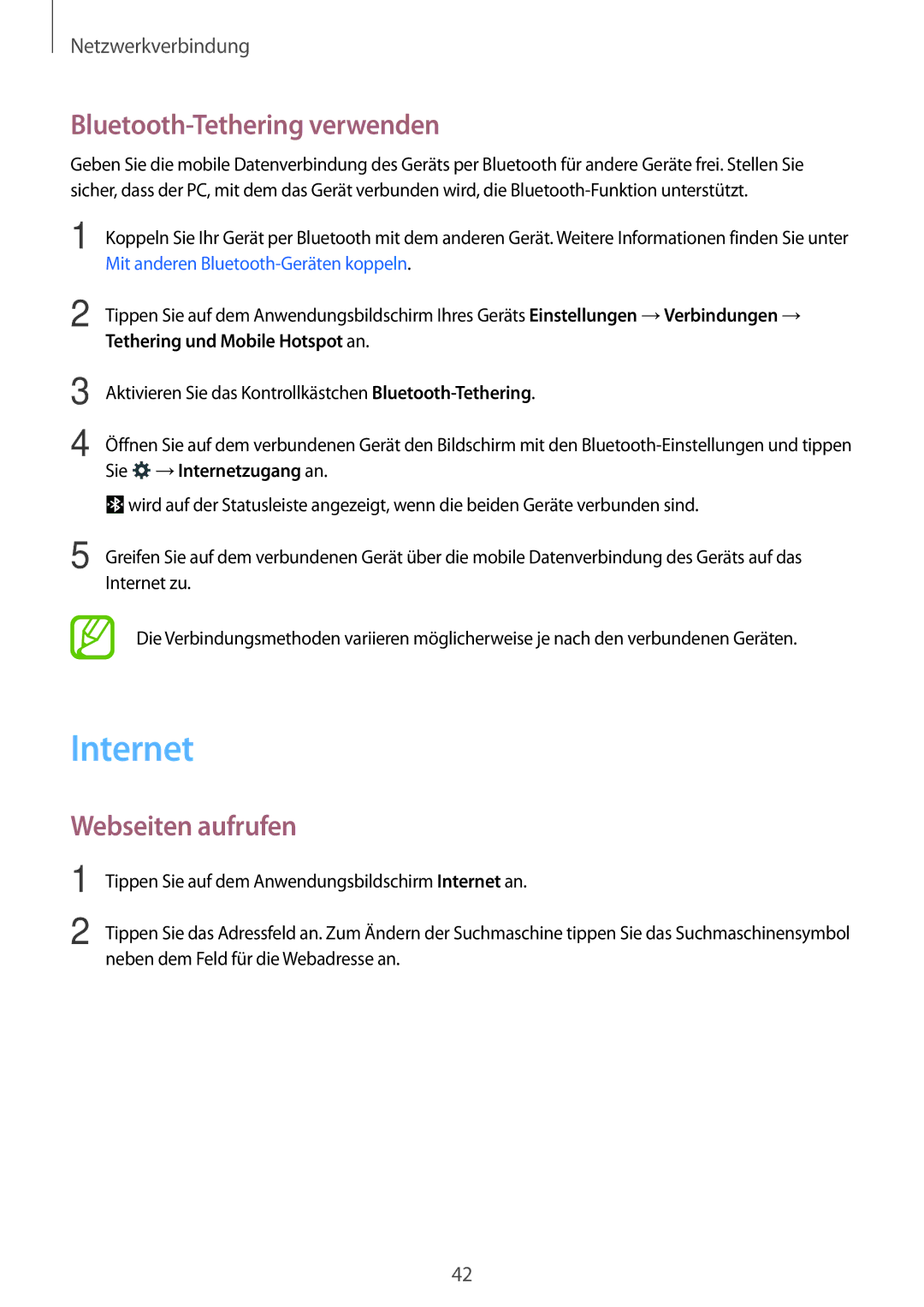 Samsung SM-T705NTSATPH manual Internet, Bluetooth-Tethering verwenden, Webseiten aufrufen, Tethering und Mobile Hotspot an 