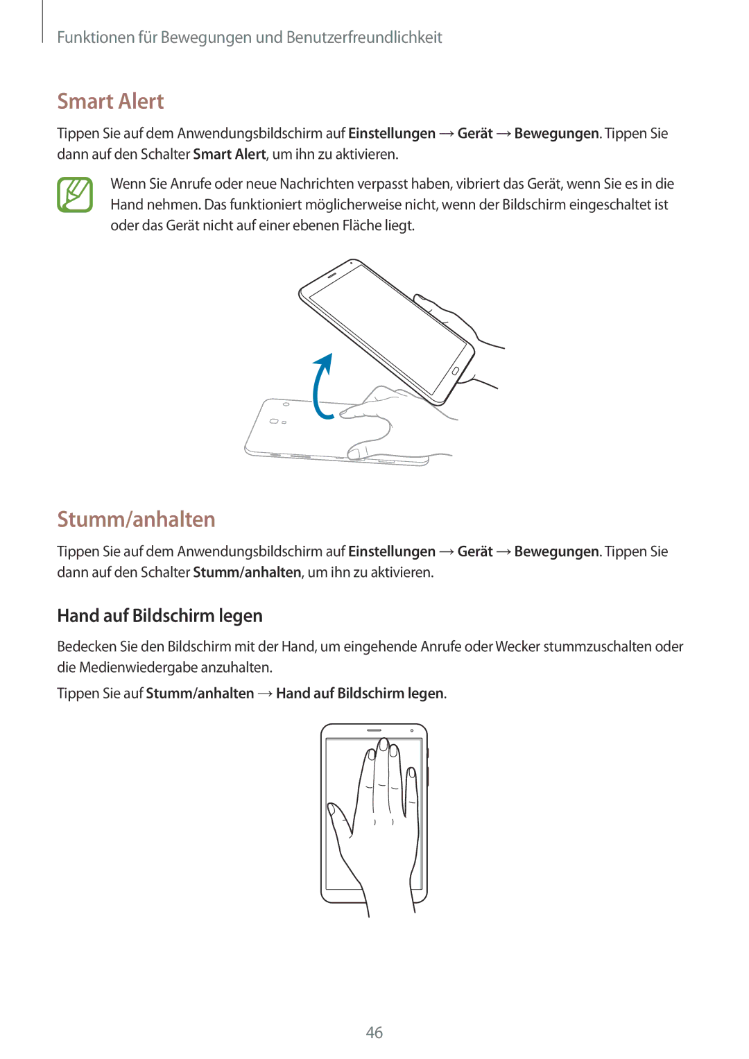 Samsung SM-T705NZWAEUR, SM-T705NZWATPH, SM-T705NZWASEB manual Smart Alert, Stumm/anhalten, Hand auf Bildschirm legen 