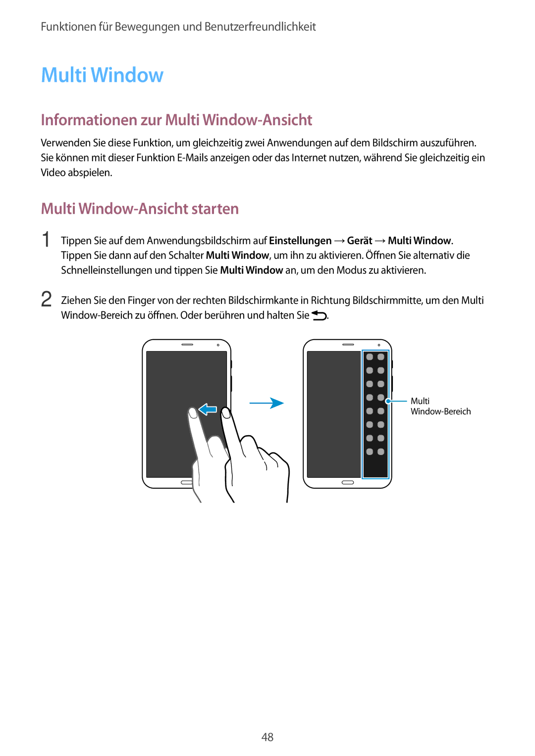 Samsung SM-T705NTSASEB, SM-T705NZWATPH manual Informationen zur Multi Window-Ansicht, Multi Window-Ansicht starten 