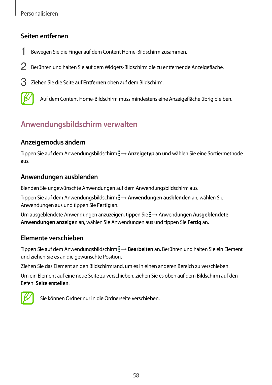 Samsung SM-T705NZWADBT manual Anwendungsbildschirm verwalten, Seiten entfernen, Anzeigemodus ändern, Anwendungen ausblenden 