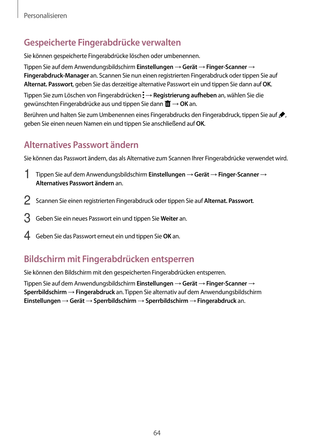 Samsung SM-T705NTSAMEO, SM-T705NZWATPH, SM-T705NZWASEB Gespeicherte Fingerabdrücke verwalten, Alternatives Passwort ändern 