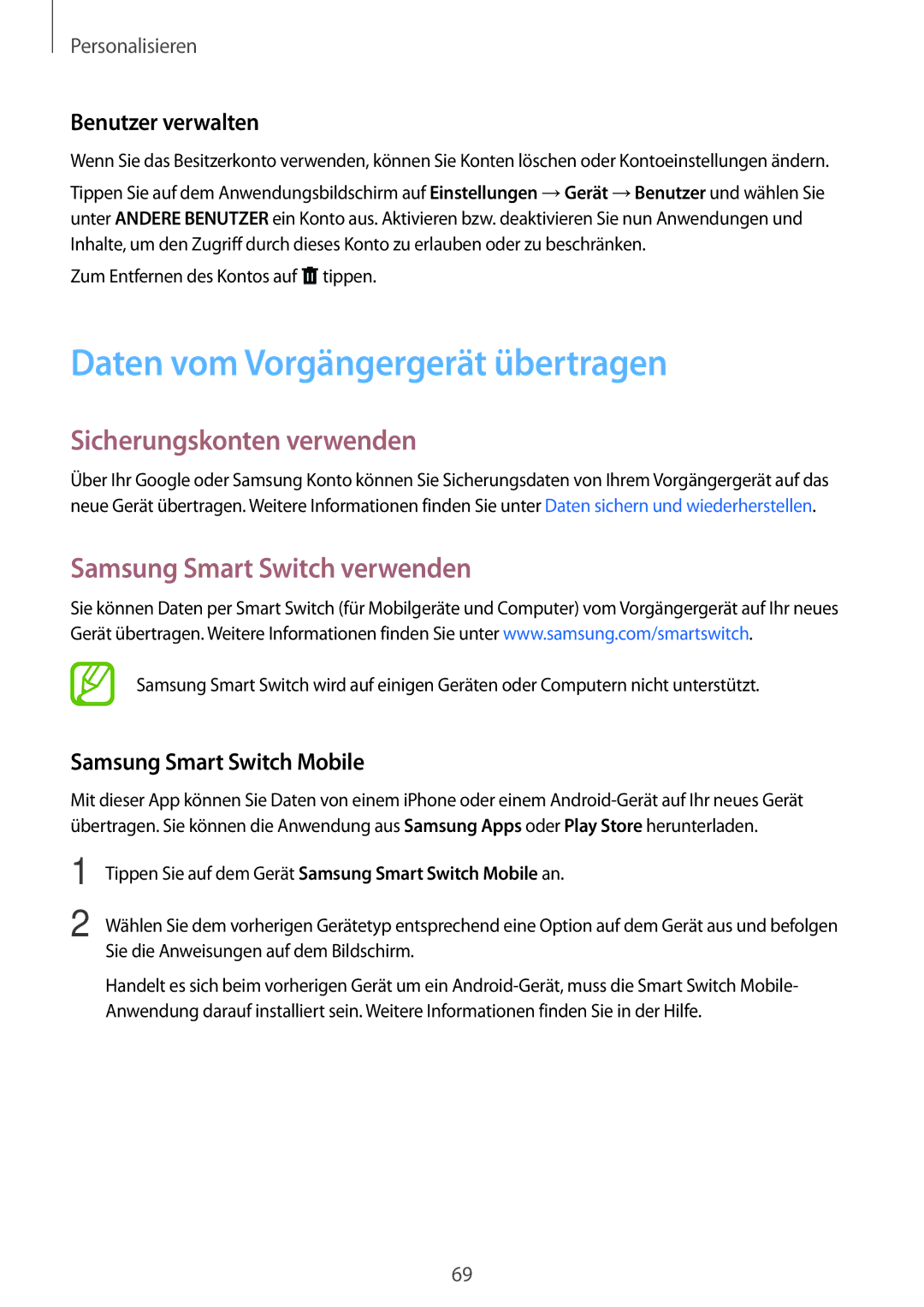 Samsung SM-T705NHAADBT Daten vom Vorgängergerät übertragen, Sicherungskonten verwenden, Samsung Smart Switch verwenden 