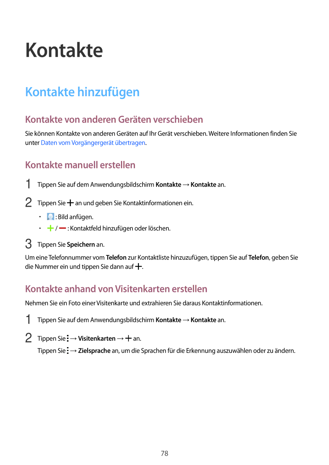 Samsung SM-T705NZWATPH manual Kontakte hinzufügen, Kontakte von anderen Geräten verschieben, Kontakte manuell erstellen 