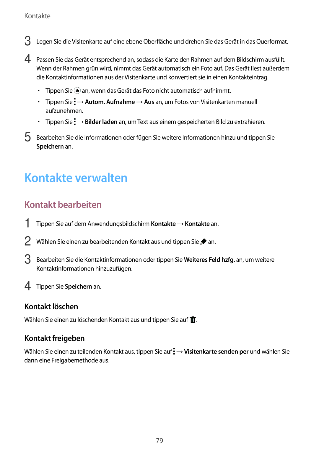 Samsung SM-T705NZWASEB, SM-T705NZWATPH manual Kontakte verwalten, Kontakt bearbeiten, Kontakt löschen, Kontakt freigeben 