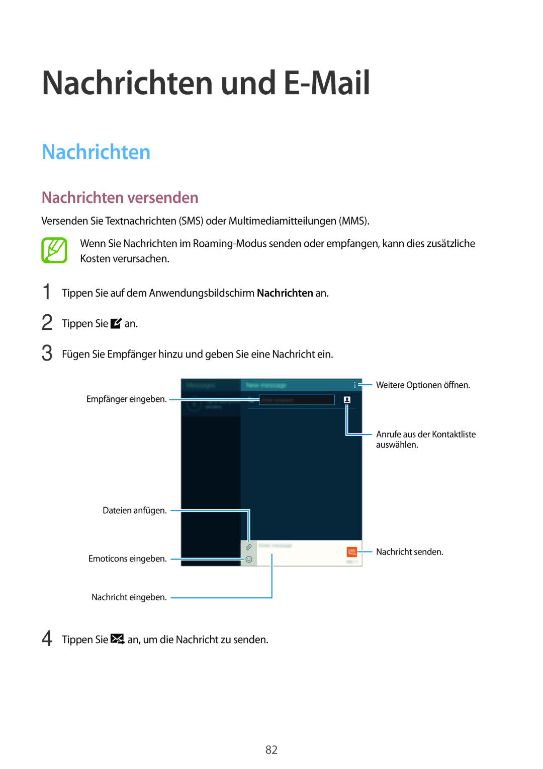 Samsung SM-T705NHAADBT, SM-T705NZWATPH, SM-T705NZWASEB, SM-T705NZWAATO manual Nachrichten und E-Mail, Nachrichten versenden 