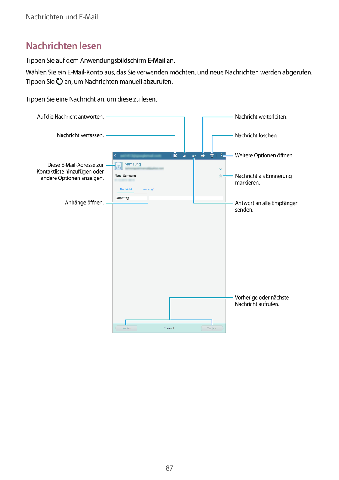 Samsung SM-T705NTSASEB, SM-T705NZWATPH, SM-T705NZWASEB, SM-T705NZWAATO, SM-T705NTSATPH, SM-T705NHAADBT manual Nachrichten lesen 