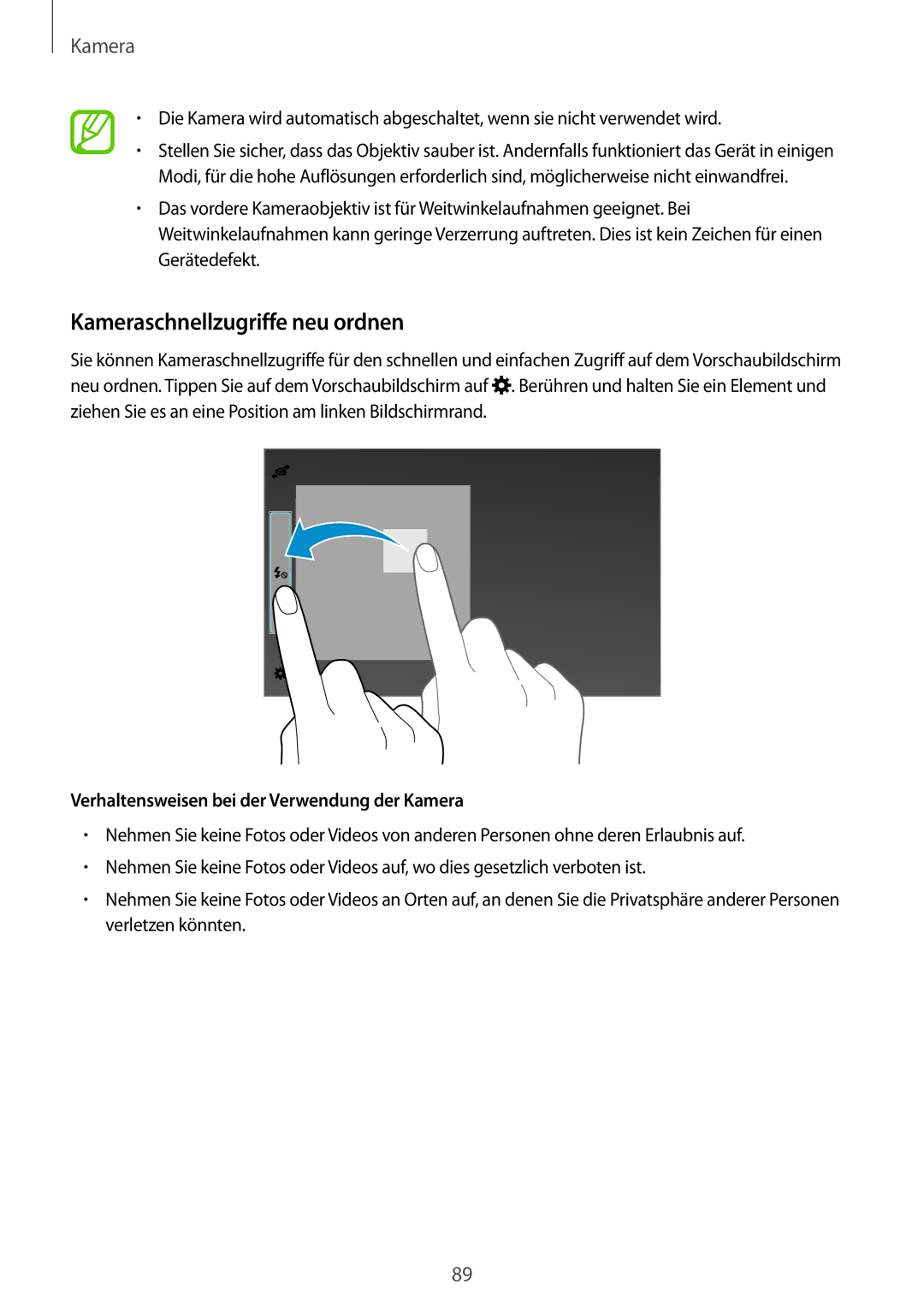 Samsung SM-T705NTSAATO, SM-T705NZWATPH Kameraschnellzugriffe neu ordnen, Verhaltensweisen bei der Verwendung der Kamera 