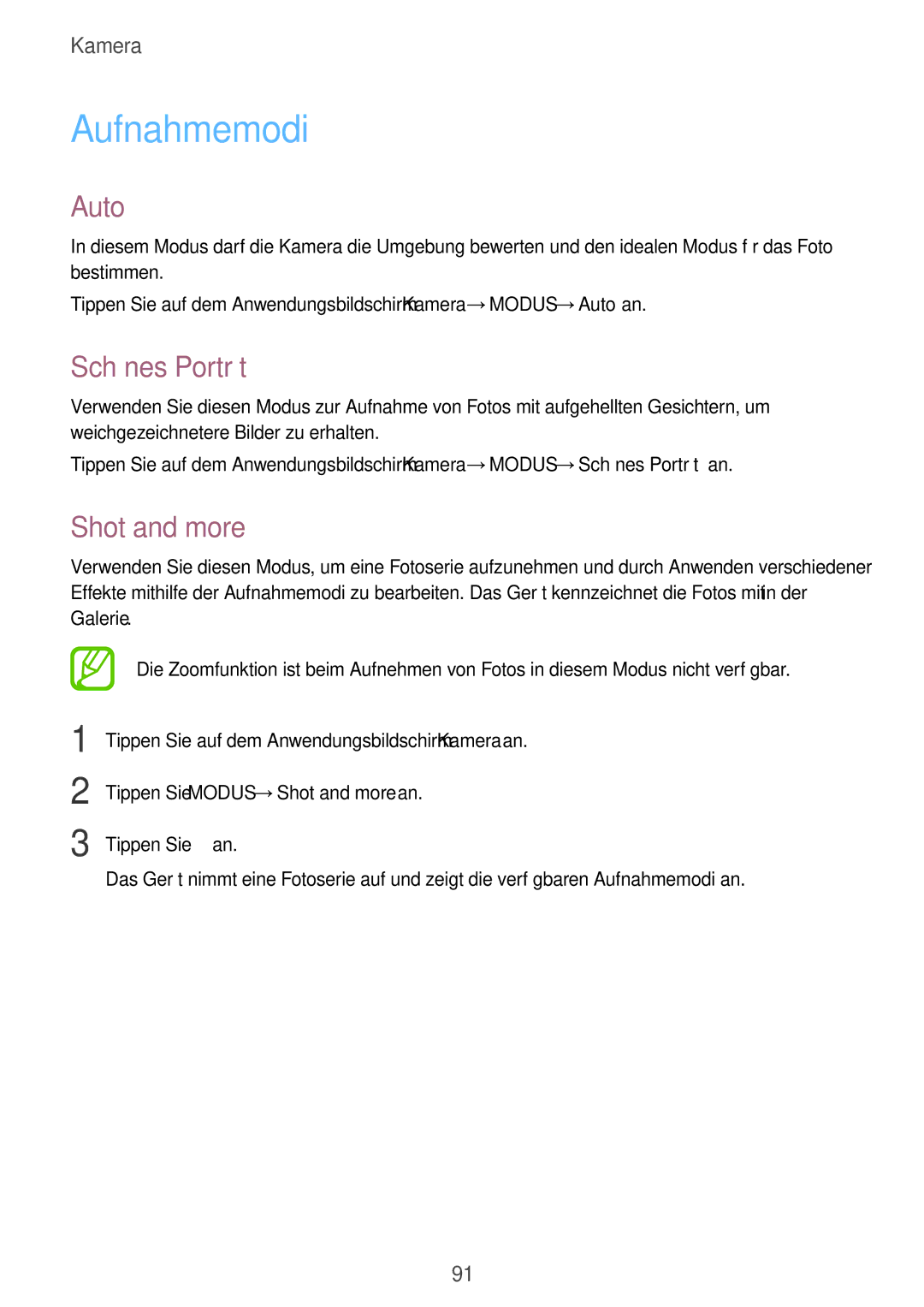 Samsung SM-T705NZWATPH, SM-T705NZWASEB manual Aufnahmemodi, Auto, Schönes Porträt, Tippen Sie Modus →Shot and more an 