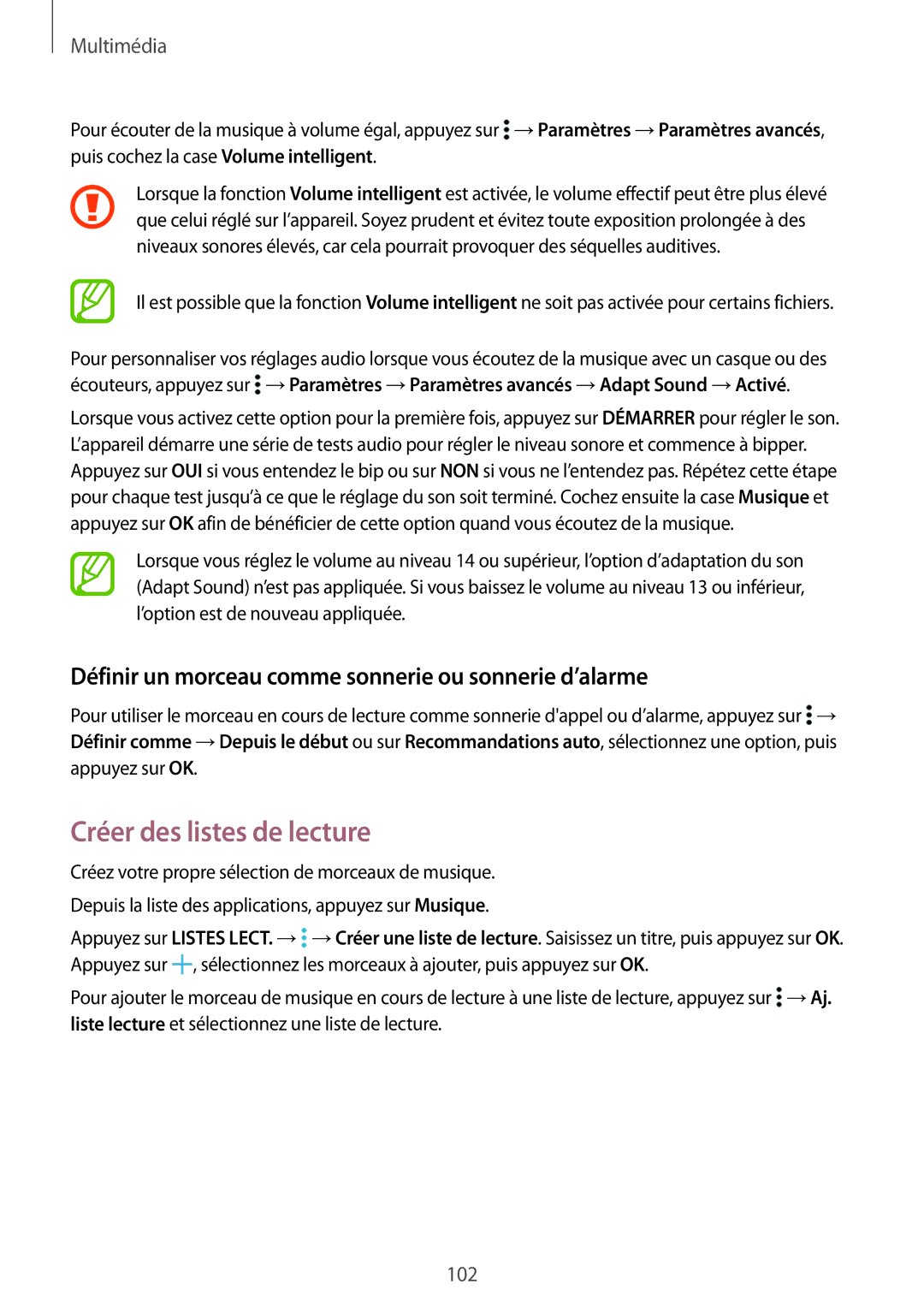 Samsung SM-T705NZWAXEF manual Créer des listes de lecture, Définir un morceau comme sonnerie ou sonnerie d’alarme 