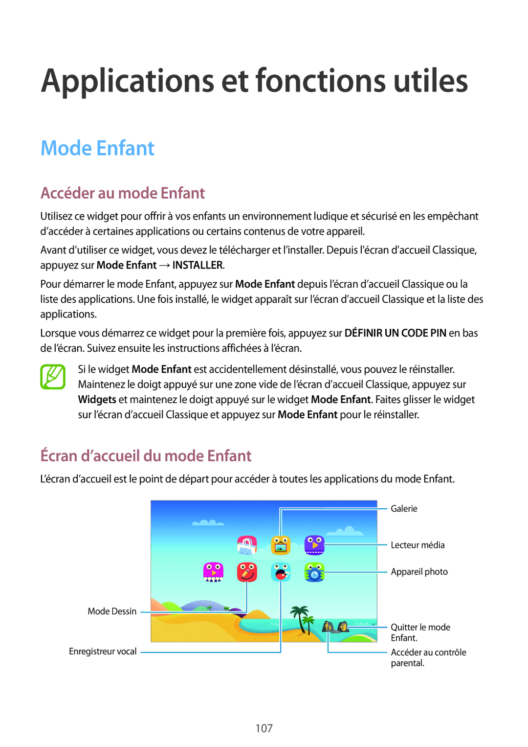 Samsung SM-T705NZWAXEF manual Mode Enfant, Accéder au mode Enfant, Écran d’accueil du mode Enfant 