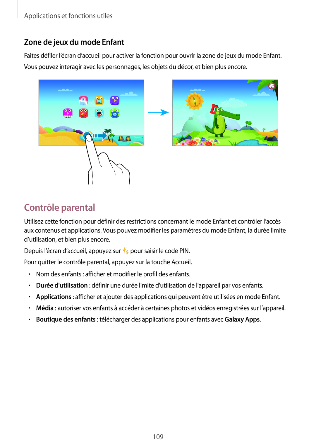 Samsung SM-T705NZWAXEF manual Contrôle parental, Zone de jeux du mode Enfant 