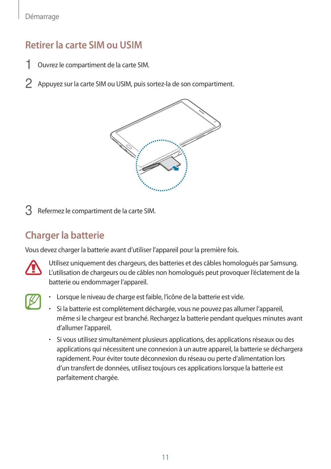 Samsung SM-T705NZWAXEF manual Retirer la carte SIM ou Usim, Charger la batterie 