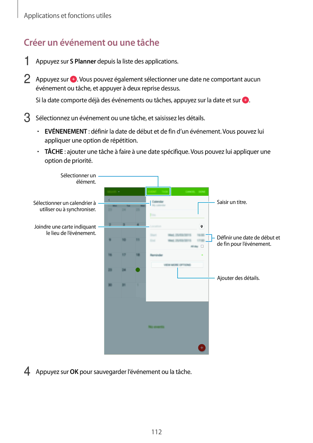 Samsung SM-T705NZWAXEF manual Créer un événement ou une tâche 