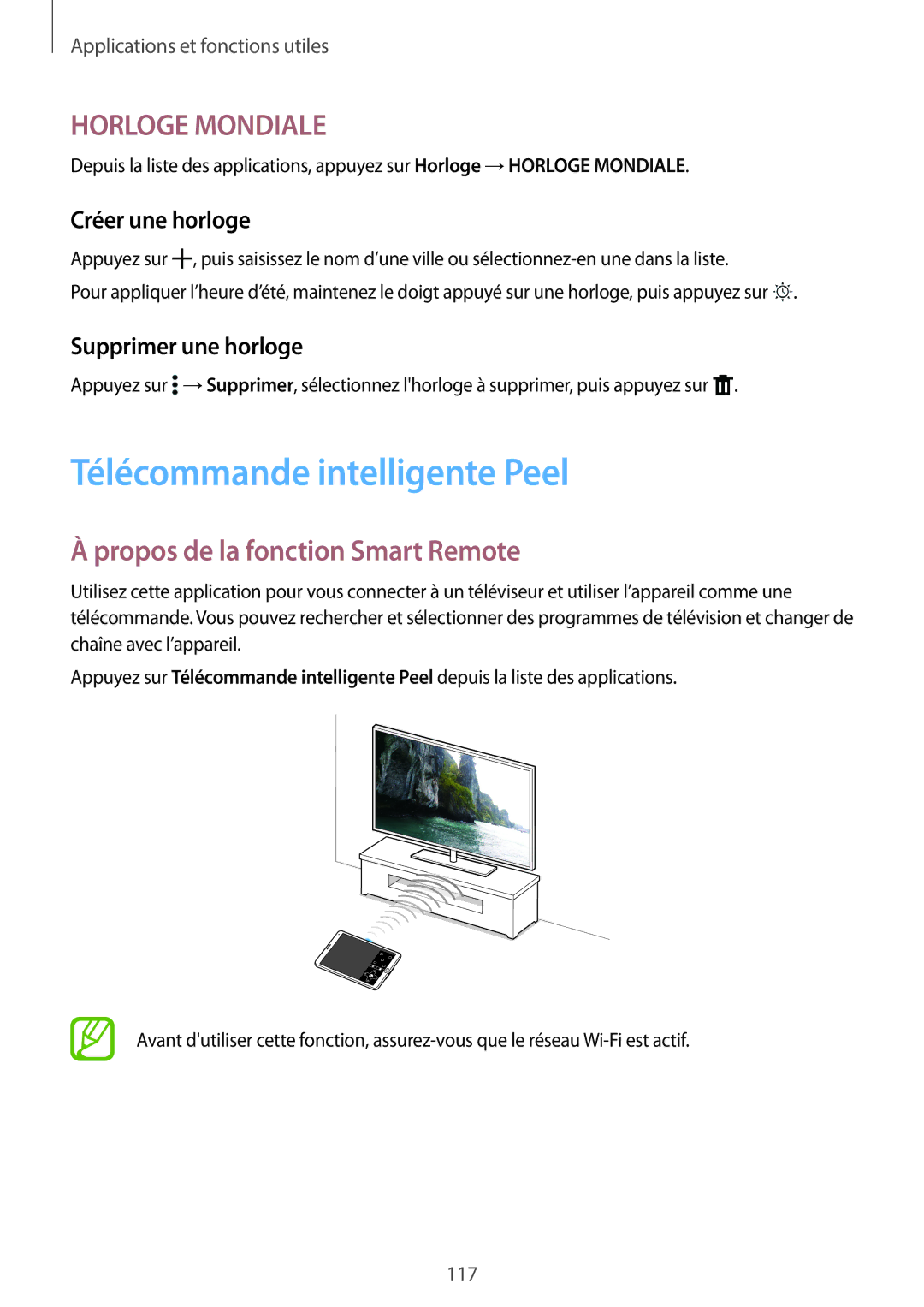 Samsung SM-T705NZWAXEF manual Télécommande intelligente Peel, Propos de la fonction Smart Remote, Créer une horloge 