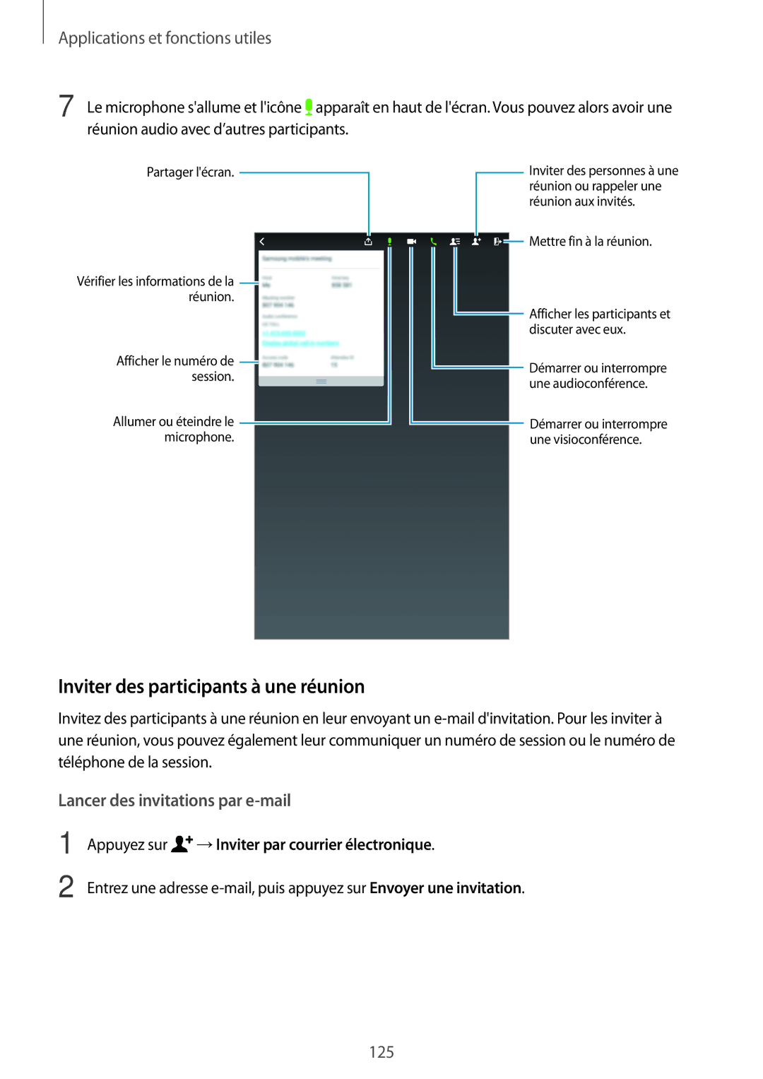 Samsung SM-T705NZWAXEF manual Inviter des participants à une réunion, Appuyez sur →Inviter par courrier électronique 