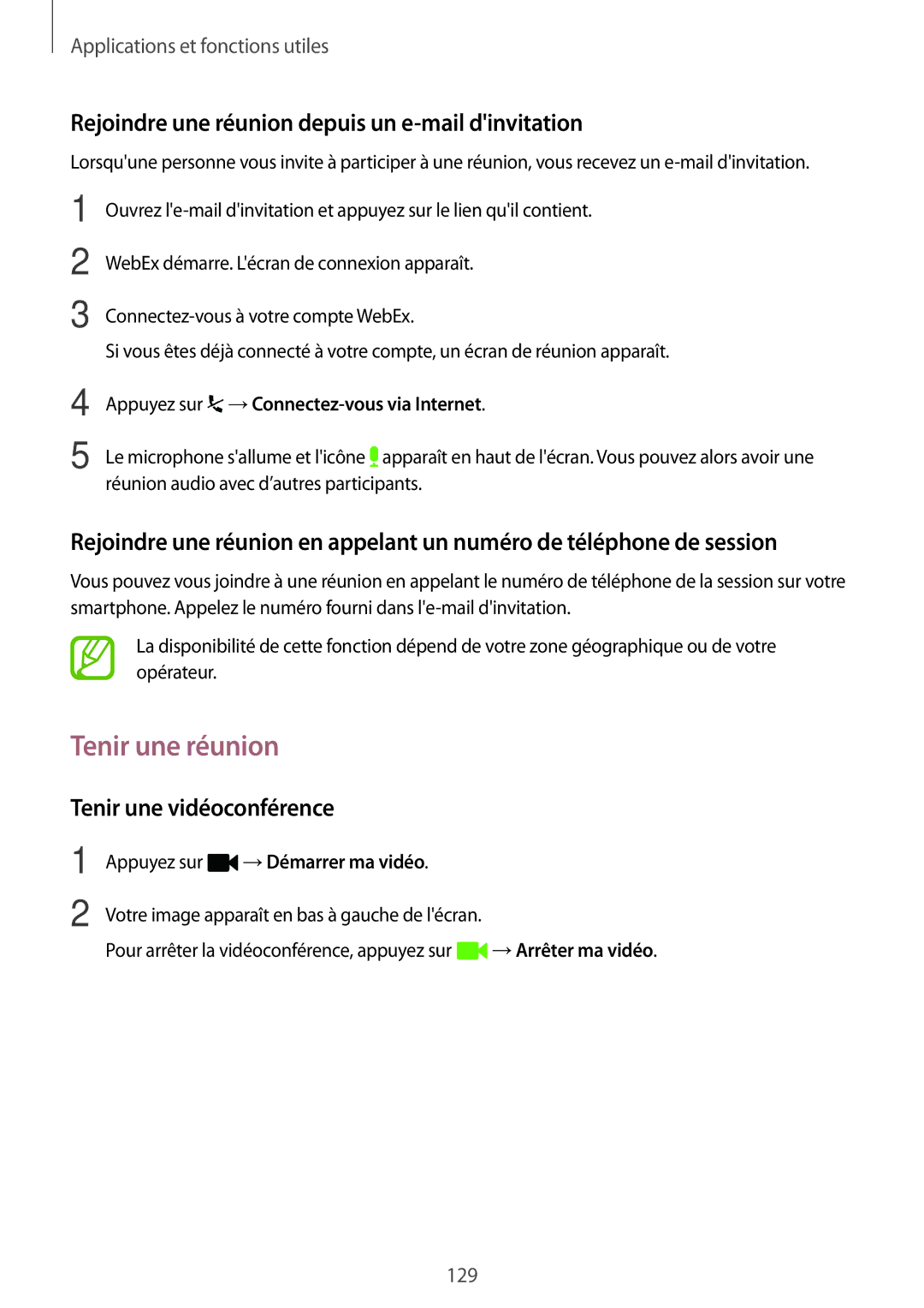 Samsung SM-T705NZWAXEF Tenir une réunion, Rejoindre une réunion depuis un e-mail dinvitation, Tenir une vidéoconférence 
