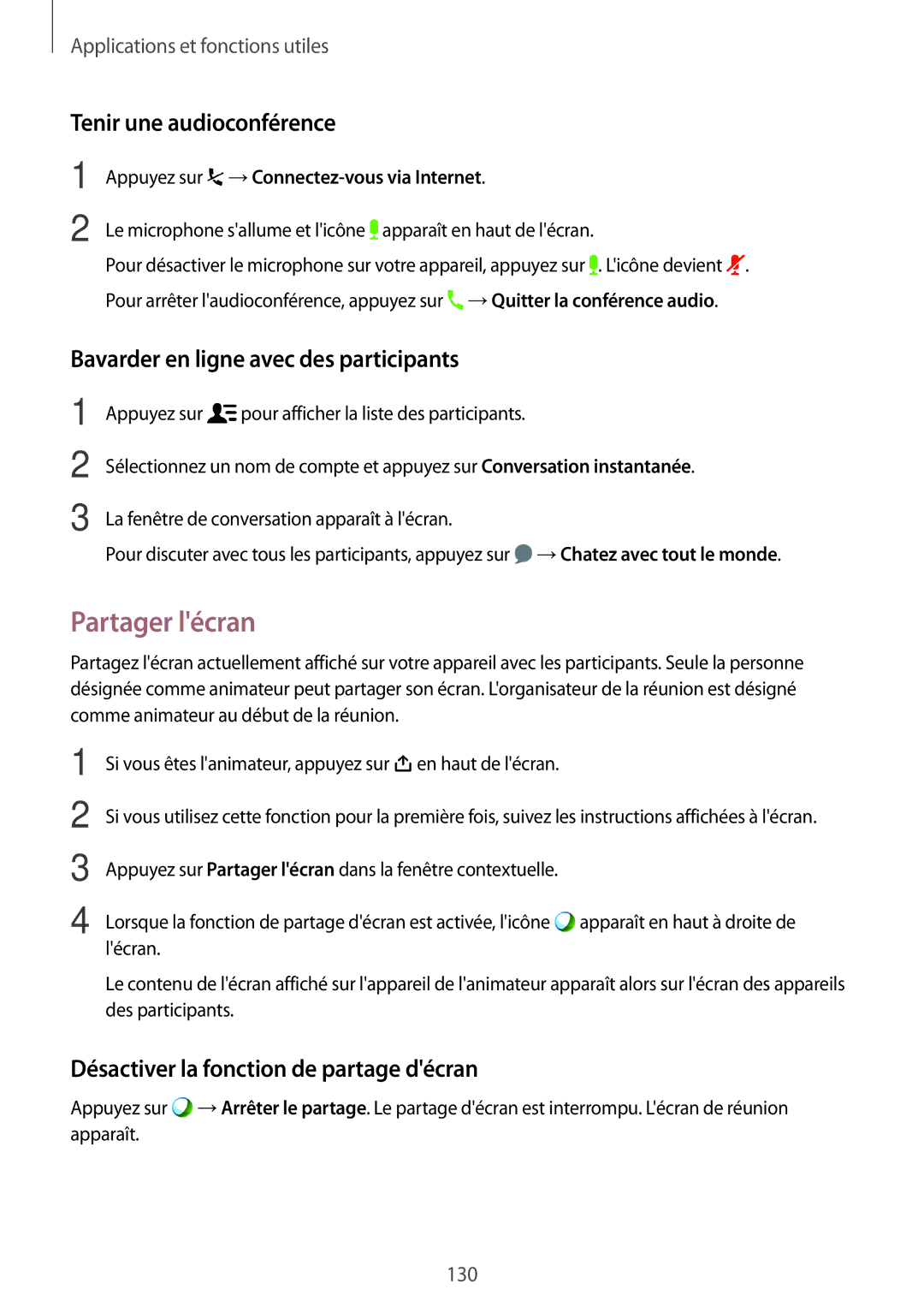 Samsung SM-T705NZWAXEF manual Partager lécran, Tenir une audioconférence, Bavarder en ligne avec des participants 