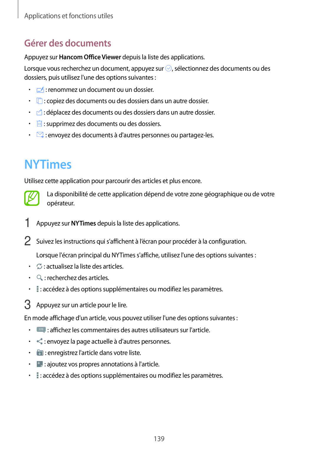 Samsung SM-T705NZWAXEF manual NYTimes, Gérer des documents 