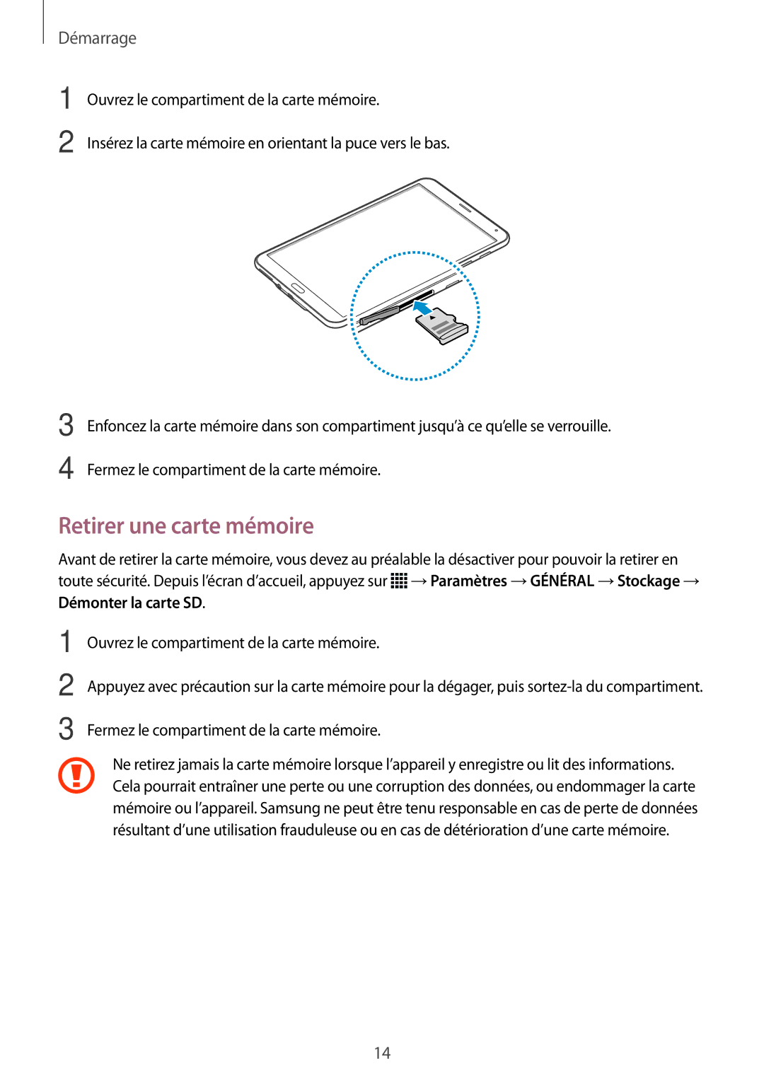 Samsung SM-T705NZWAXEF manual Retirer une carte mémoire 