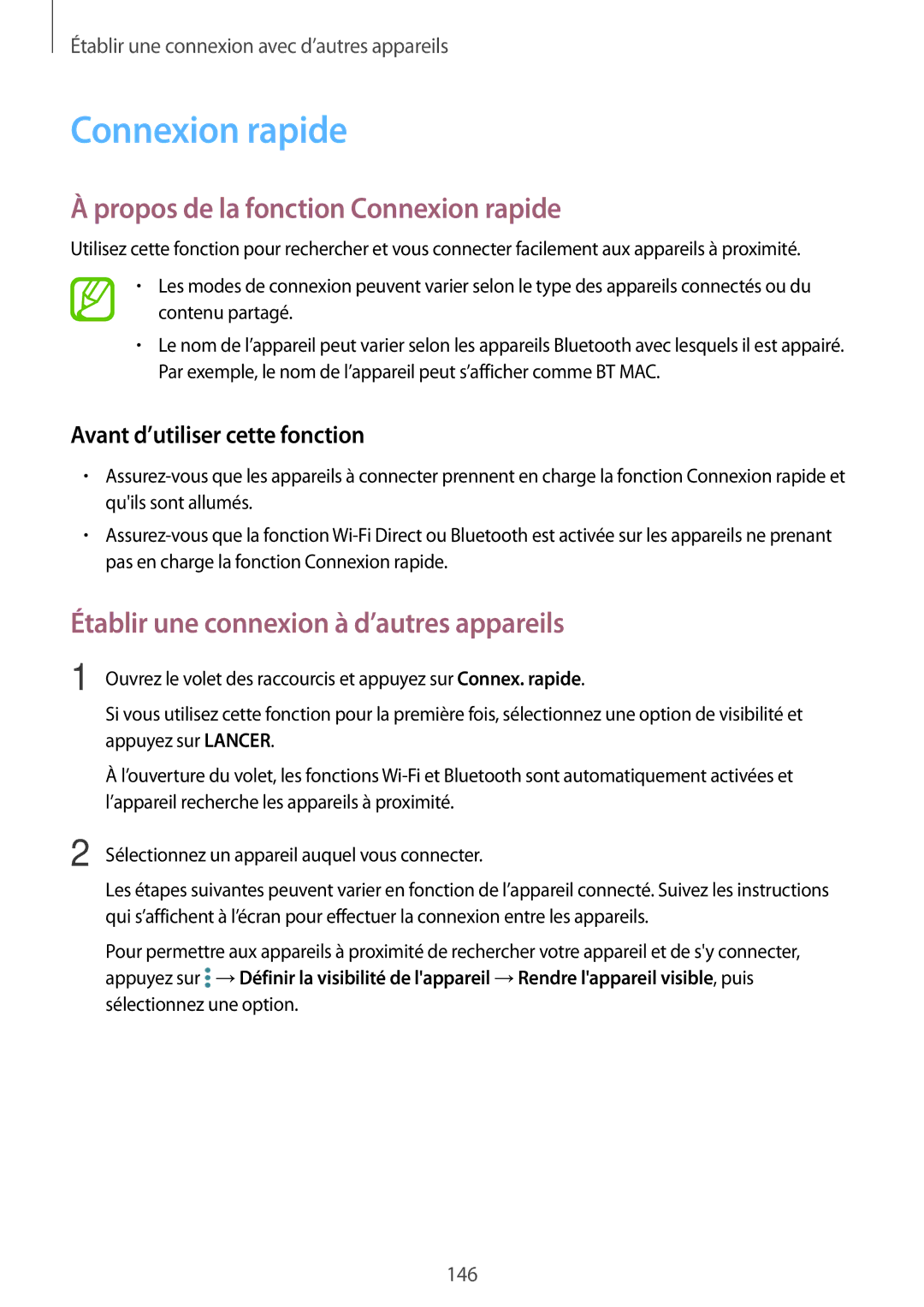 Samsung SM-T705NZWAXEF manual Propos de la fonction Connexion rapide, Avant d’utiliser cette fonction 