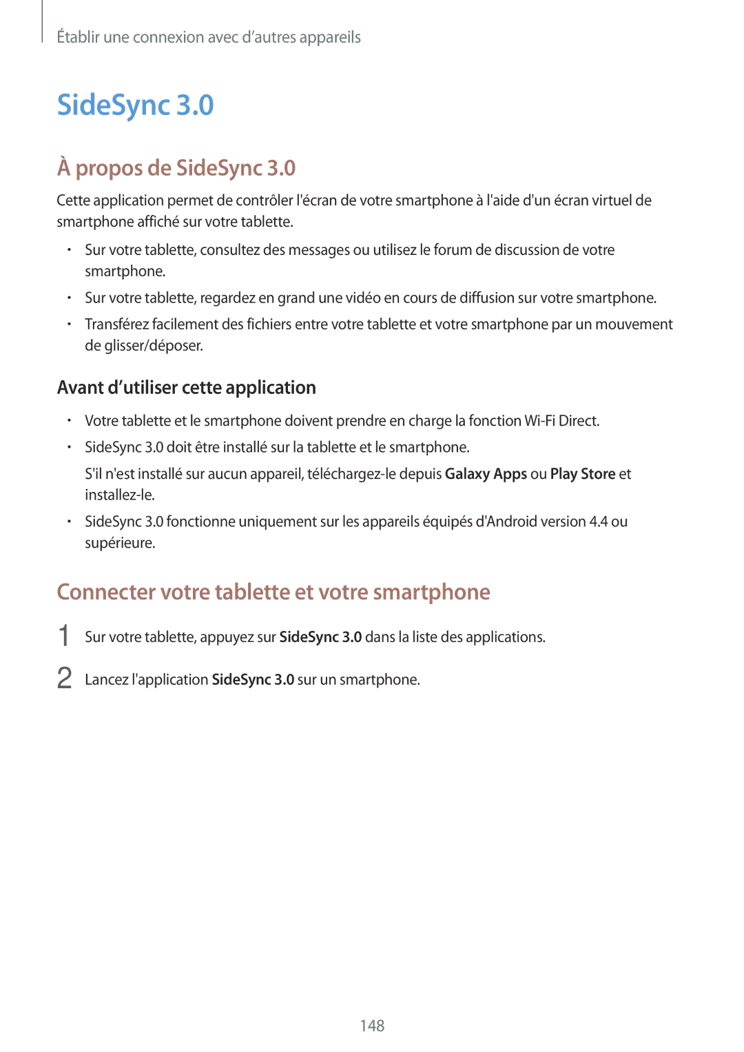 Samsung SM-T705NZWAXEF manual Propos de SideSync, Connecter votre tablette et votre smartphone 