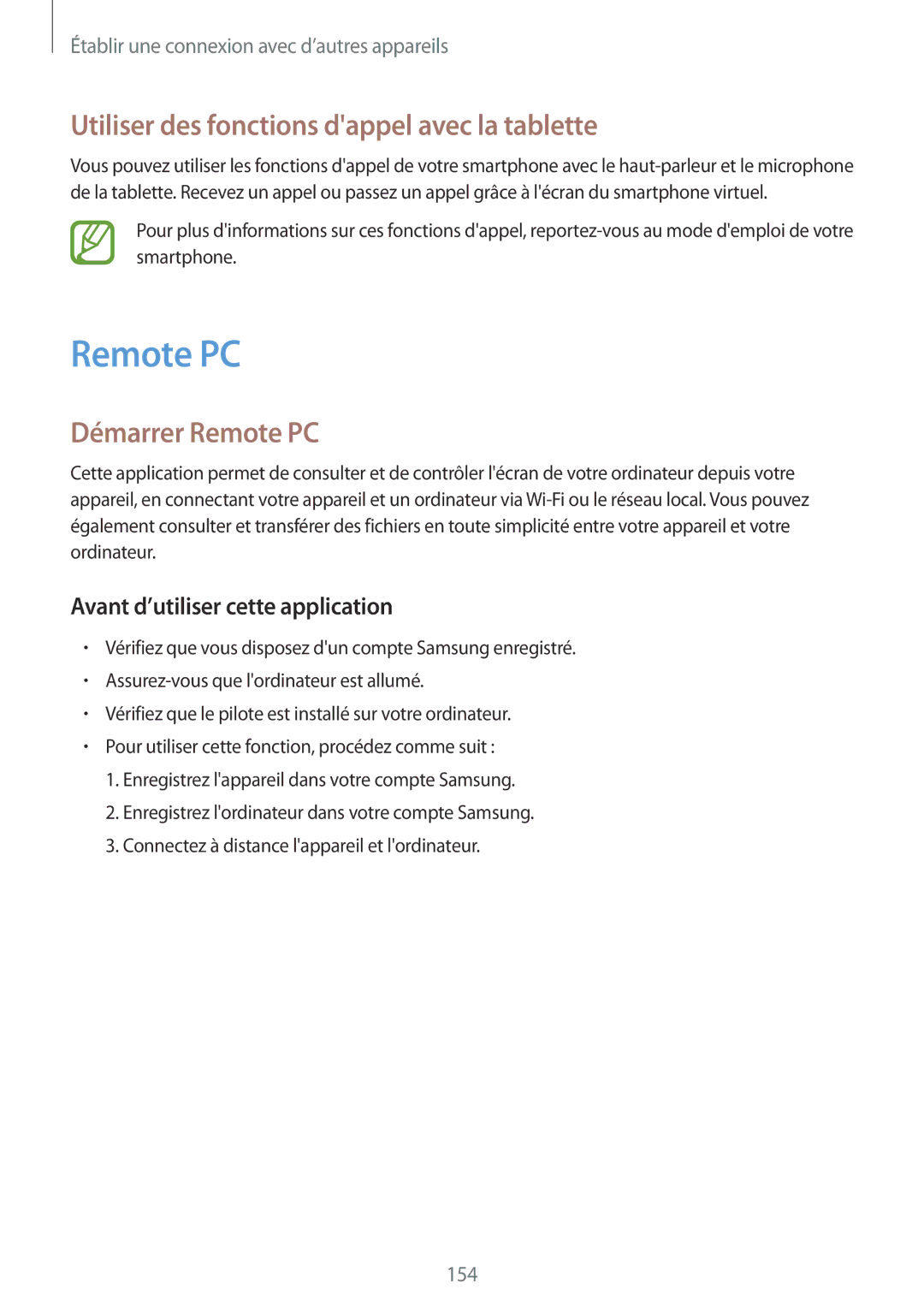 Samsung SM-T705NZWAXEF manual Utiliser des fonctions dappel avec la tablette, Démarrer Remote PC 