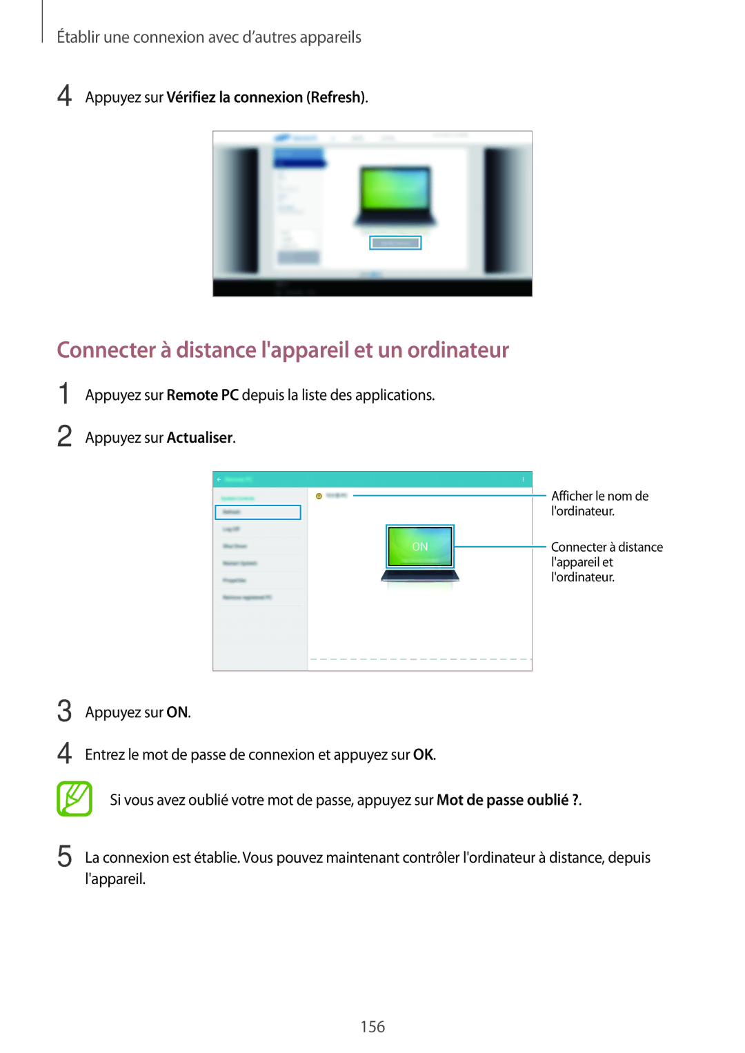 Samsung SM-T705NZWAXEF manual Connecter à distance lappareil et un ordinateur, Appuyez sur Vérifiez la connexion Refresh 