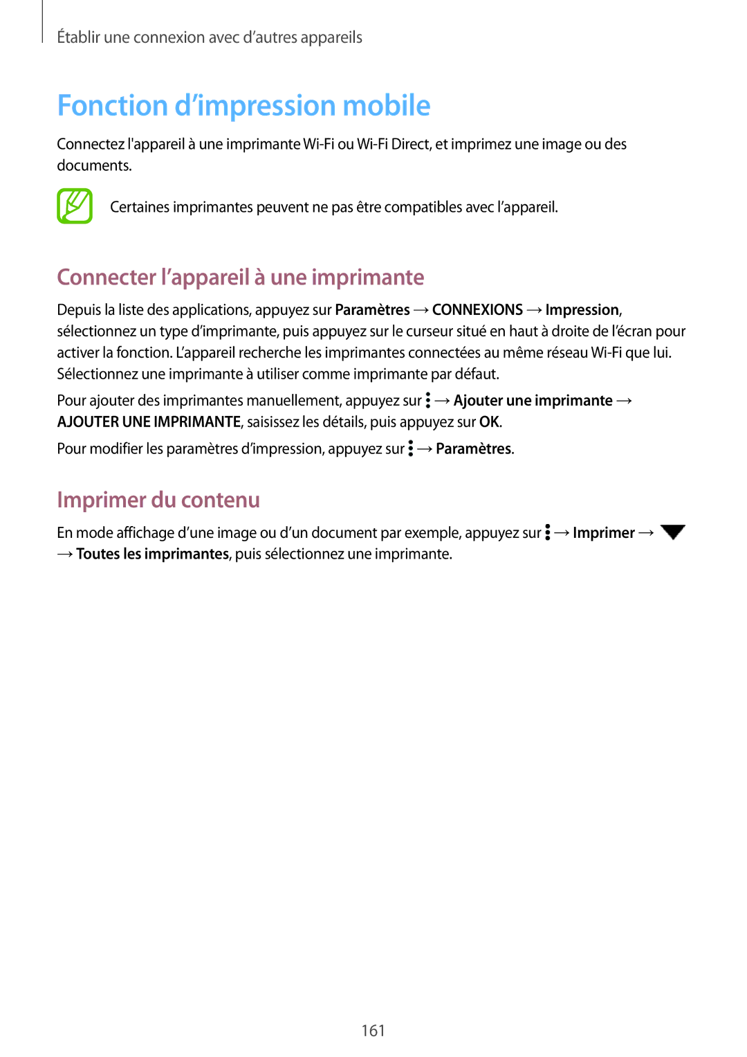 Samsung SM-T705NZWAXEF manual Fonction d’impression mobile, Connecter l’appareil à une imprimante, Imprimer du contenu 