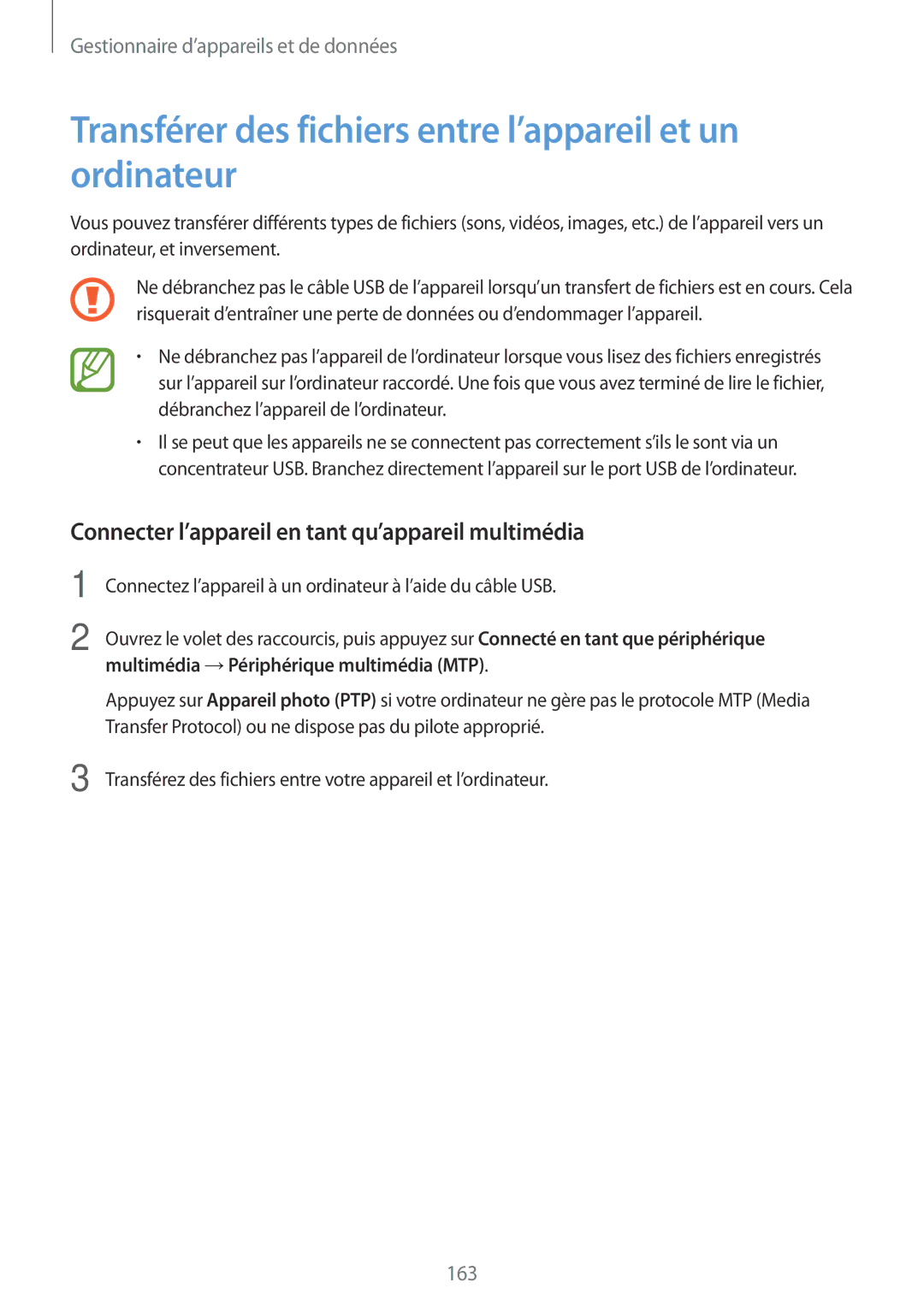 Samsung SM-T705NZWAXEF manual Transférer des fichiers entre l’appareil et un ordinateur 