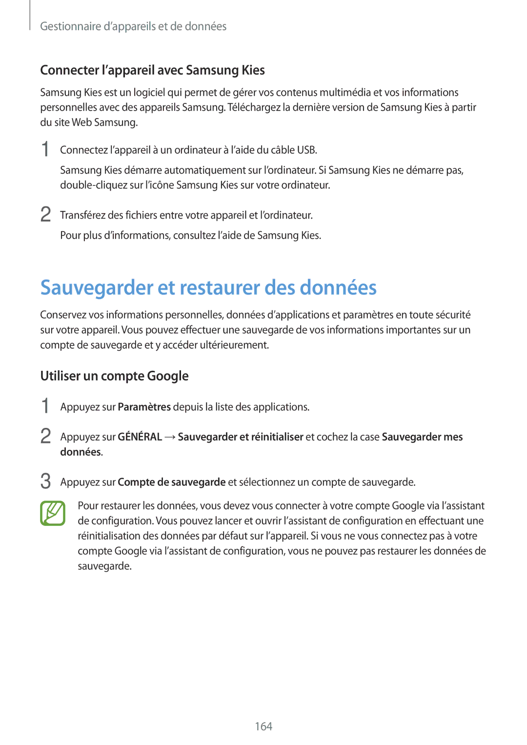 Samsung SM-T705NZWAXEF manual Sauvegarder et restaurer des données, Connecter l’appareil avec Samsung Kies 