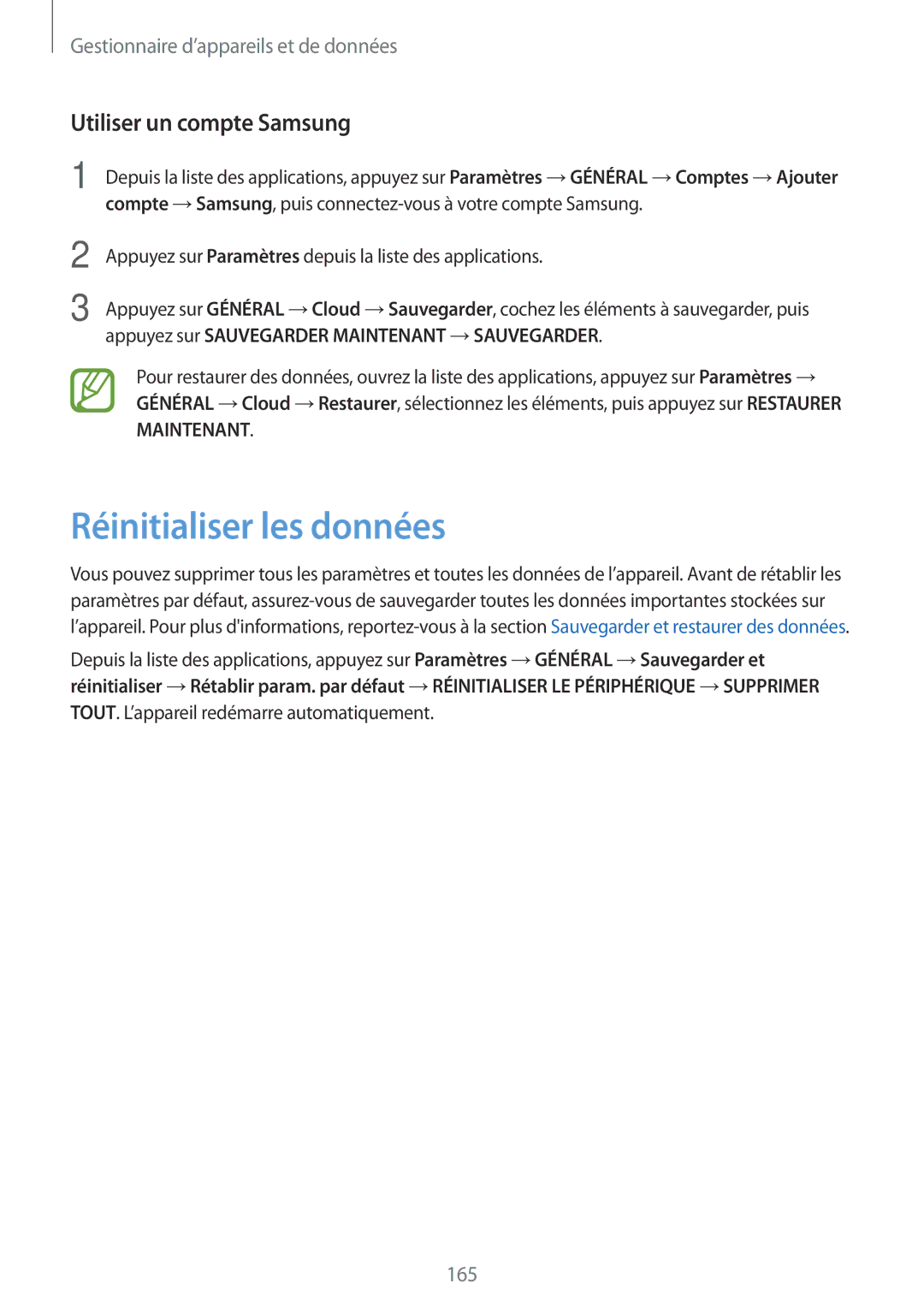 Samsung SM-T705NZWAXEF manual Réinitialiser les données, Utiliser un compte Samsung 